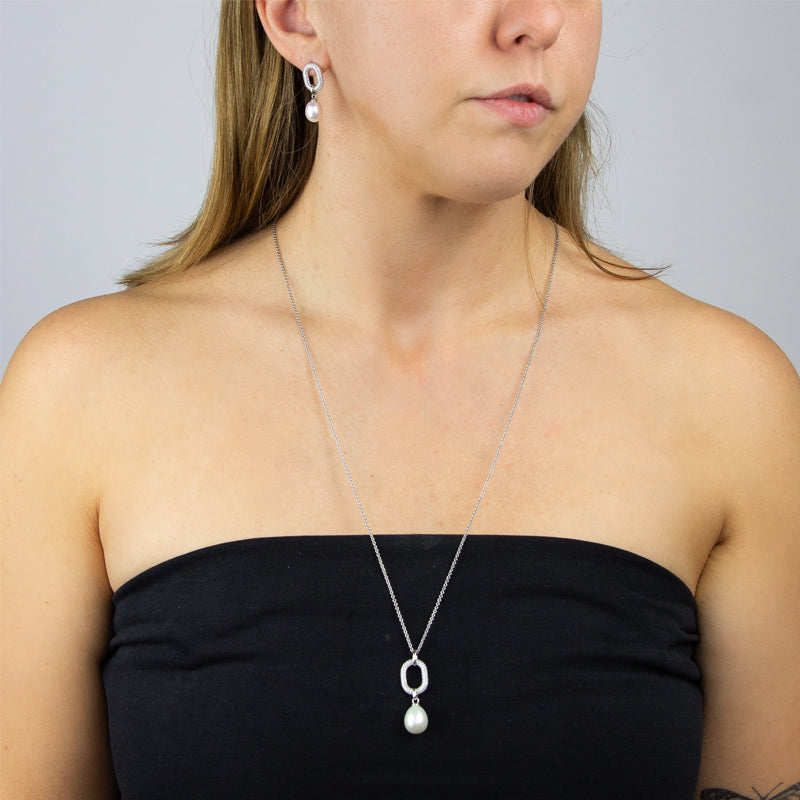 Silver White Freshwater Pearl Oval Stud Drop Earrings £128.00
