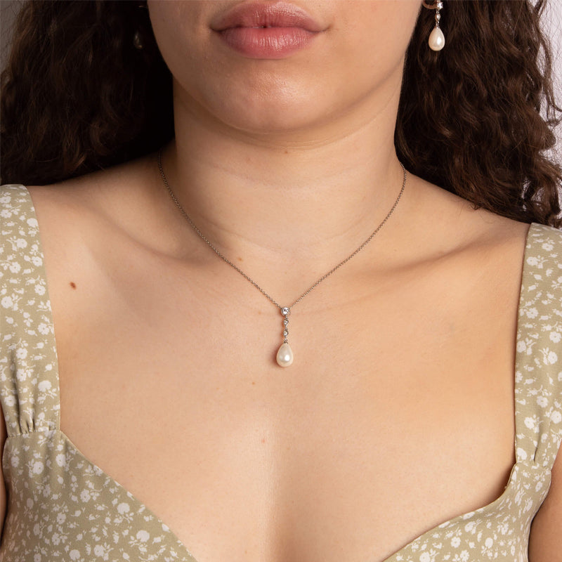 Silver Pearl Drop Necklace with Cubic Zirconia Crystals £109.00