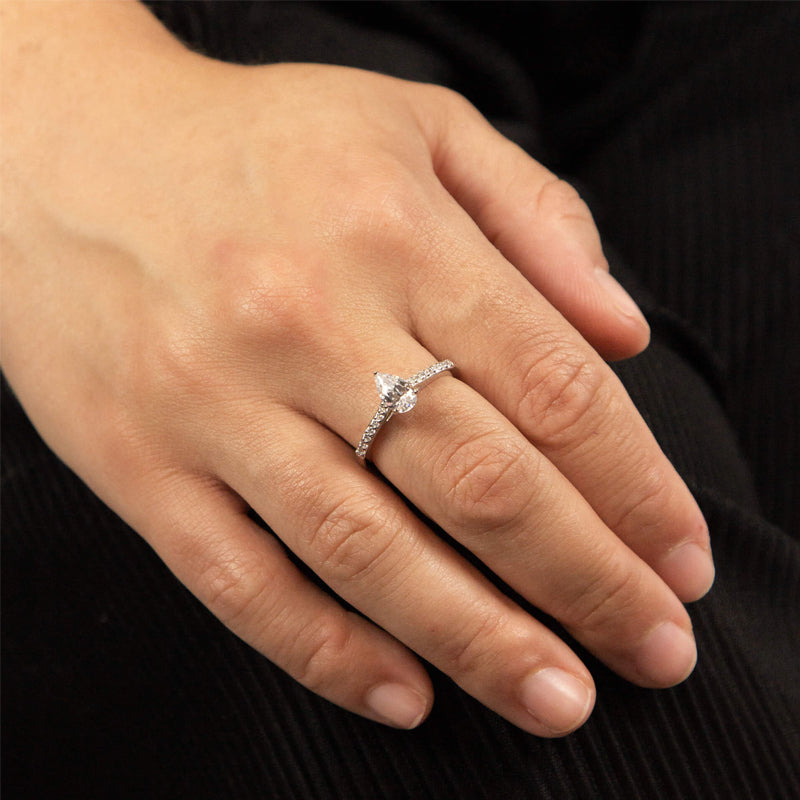 Silver Pear Shape Cubic Zirconia Ring with Stone Set Shoulders £75.00