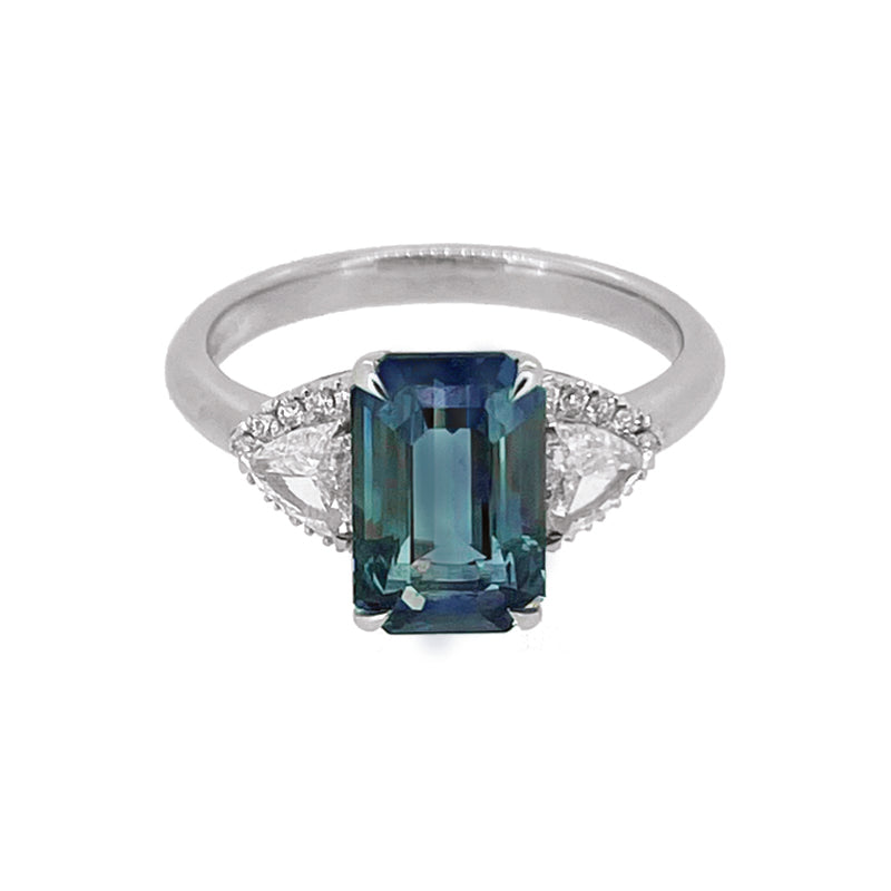 TGO BESPOKE | 3.12ct Teal Emerald Cut Sapphire & 0.47ct Diamond Ring £4950.00