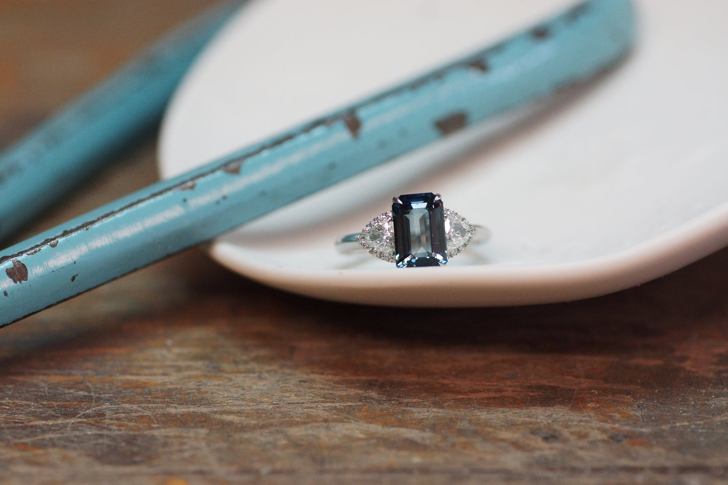 TGO BESPOKE | 3.12ct Teal Emerald Cut Sapphire & 0.47ct Diamond Ring £4950.00