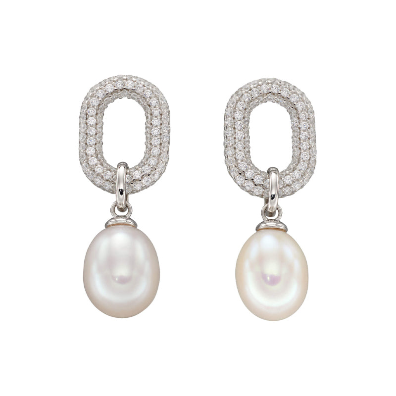 Silver White Freshwater Pearl Oval Stud Drop Earrings £128.00