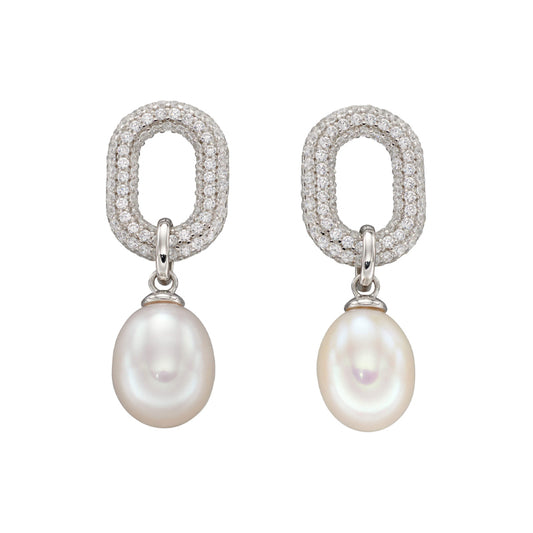 Silver White Freshwater Pearl Oval Stud Drop Earrings £128.00