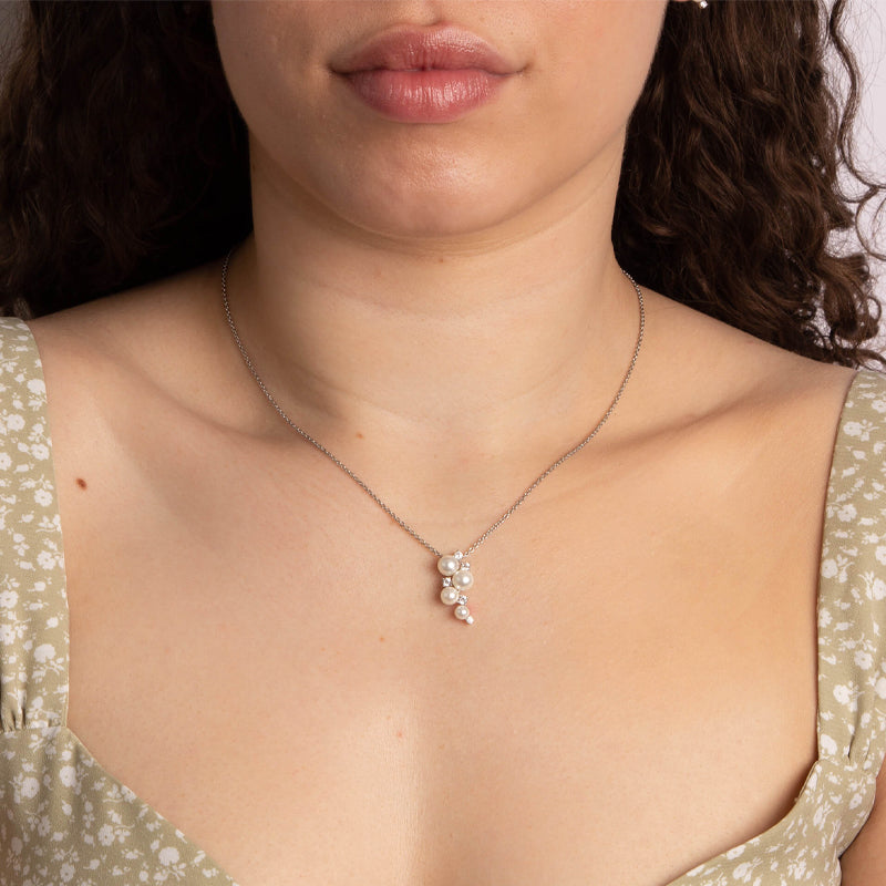 Silver Pearl and Cubic Zirconia Cluster Necklace £99.00
