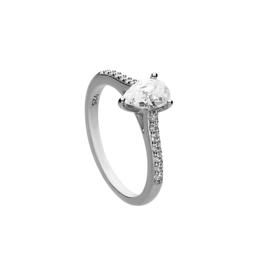 Silver Pear Shape Cubic Zirconia Ring with Stone Set Shoulders £75.00