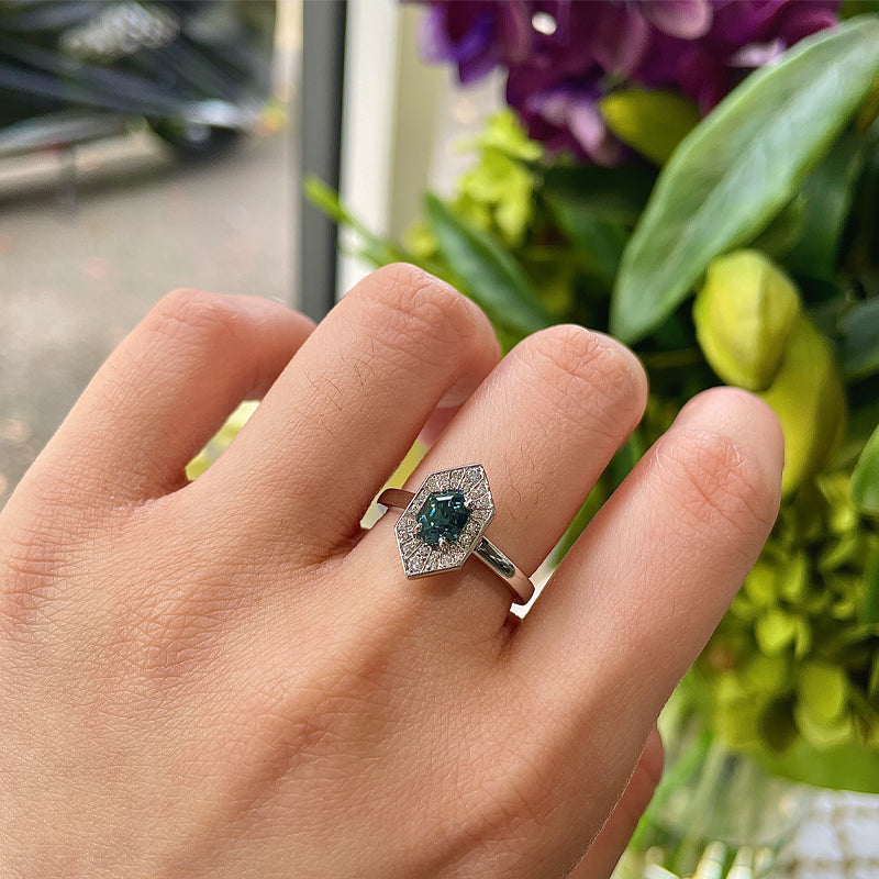 1.05ct Hexagonal Teal Sapphire Platinum Ring £2585.00