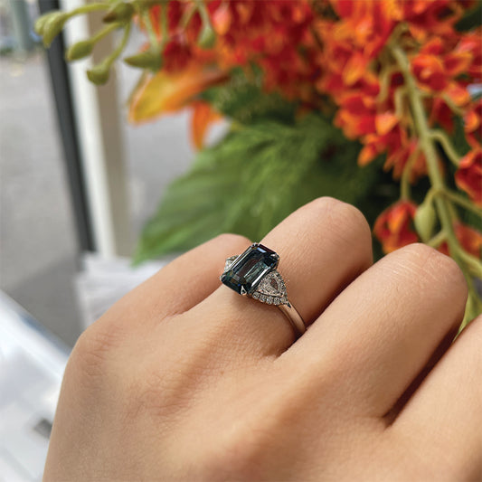 TGO BESPOKE | 3.12ct Teal Emerald Cut Sapphire & 0.47ct Diamond Ring £4950.00