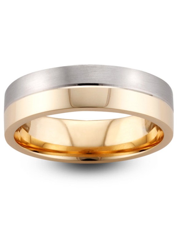 Mens Two Colour Matt & Polished 9ct Gold Wedding Ring -  6mm Flat Court 