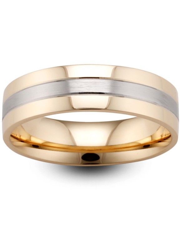 Mens Two Colour Matt &amp; Polished 18ct Gold Wedding Ring -  6mm Flat Court - Price From £1245