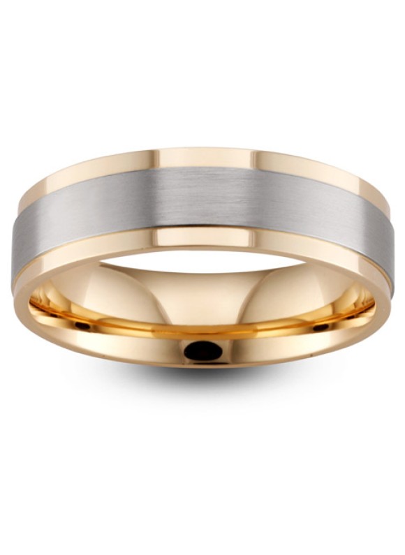 Mens Two Colour Matt &amp; Polished 9ct Gold Wedding Ring -  6mm Flat Court 