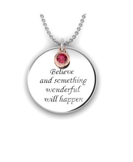 Love is a Moment - "Believe" engraved message silver pendant and chain with birthstone gold charm 
