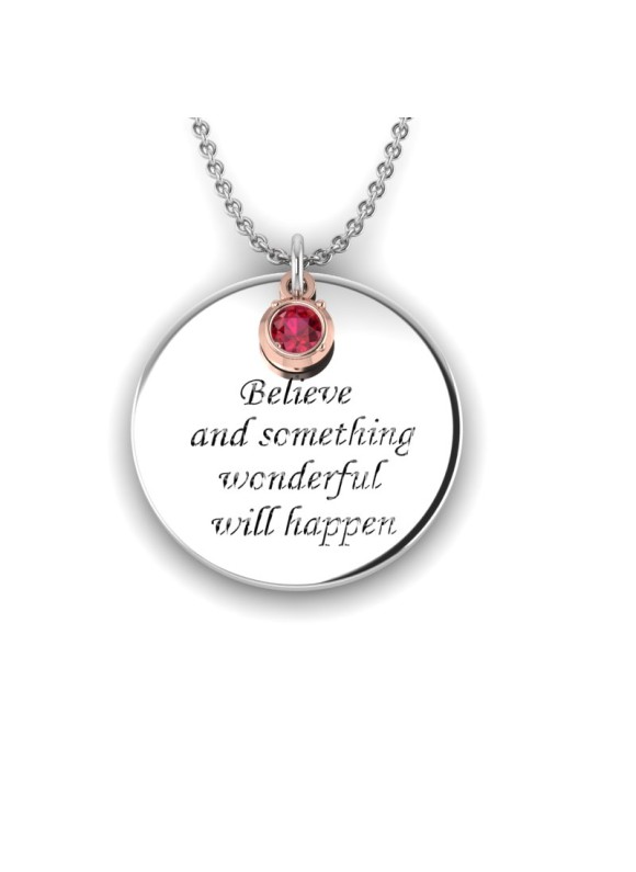 Love is a Moment - "Believe" engraved message silver pendant and chain with birthstone gold charm