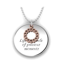 Love is a Moment - "Circle of Life" engraved message silver pendant and chain with rose gold charm 