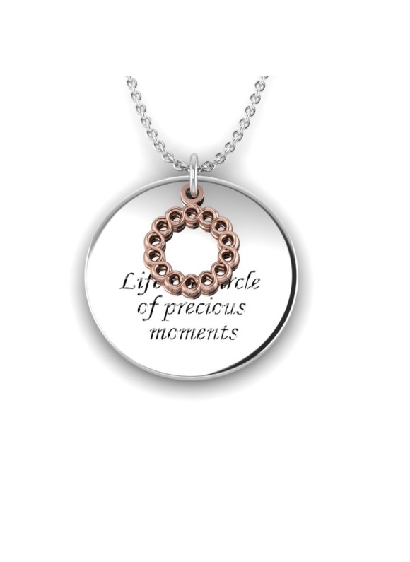 Love is a Moment - "Circle of Life" engraved message silver pendant and chain with rose gold charm