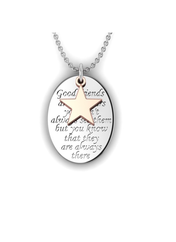 Love is a Moment - "Good Friends" engraved message silver pendant and chain with rose gold charm