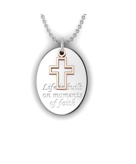 Love is a Moment - "Faith" engraved message silver pendant and chain with cross gold charm 