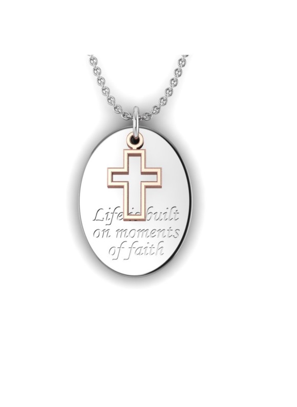 Love is a Moment - "Faith" engraved message silver pendant and chain with cross gold charm