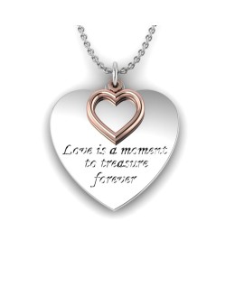 Love is a moment - "Love is a Moment" engraved message silver pendant and chain with heart gold charm 