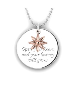 Love is a Moment - Inspiring engraved message pendant and chain in sterling silver with flower gold charm 