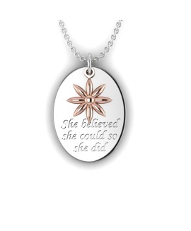Love is a Moment - "She believed" engraved message silver pendant and chain with flower gold charm 
