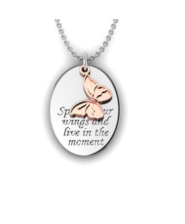 Love is a Moment - "Spread your Wings" engraved message silver pendant and chain with butterfly gold charm 