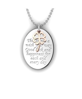 Love is a Moment - "Good Luck" engraved message silver pendant and chain with clover gold charm 