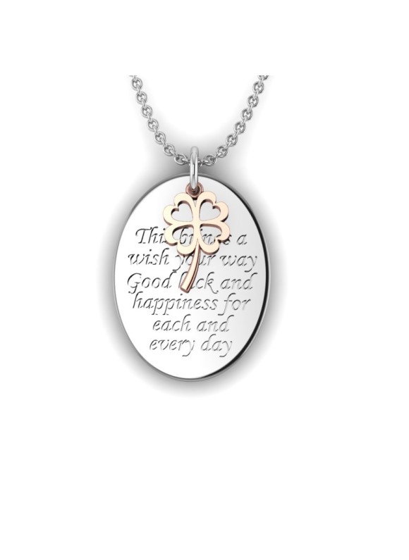Love is a Moment - "Good Luck" engraved message silver pendant and chain with clover gold charm