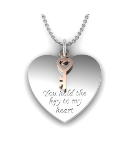 Love is a Moment - "Heartfelt" engraved message silver pendant and chain with key gold charm 