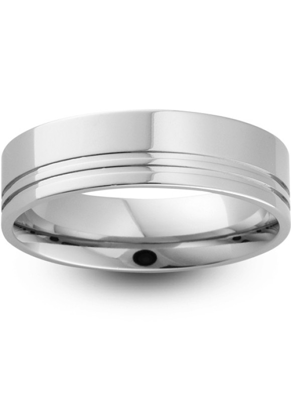 Mens Groove 18ct White Gold Wedding Ring -  6mm Flat Court - Price From £1045