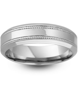 Mens Milgrain 9ct White Gold Wedding Ring -  6mm Chamfered Edge Style - Price From £415 