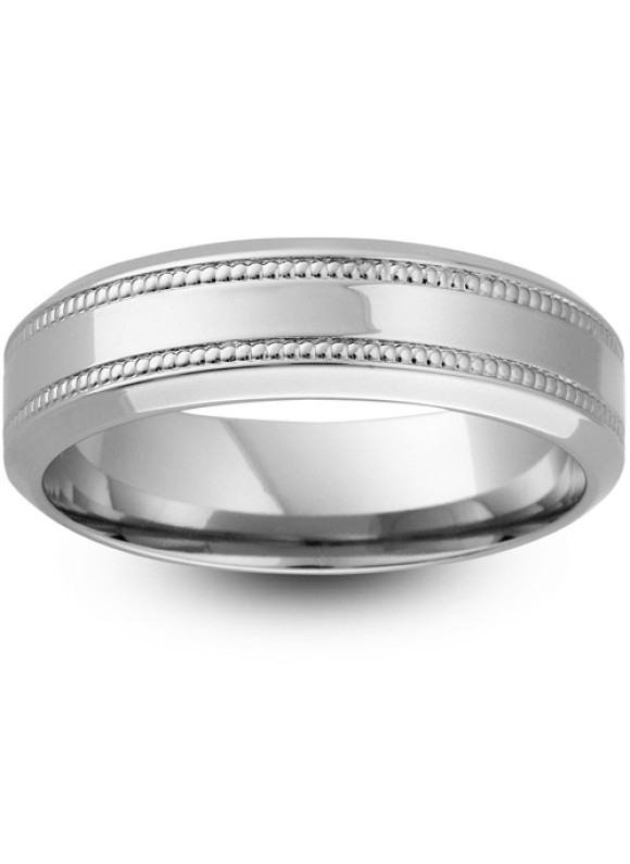 Mens Milgrain 9ct White Gold Wedding Ring -  6mm Chamfered Edge Style - Price From £415