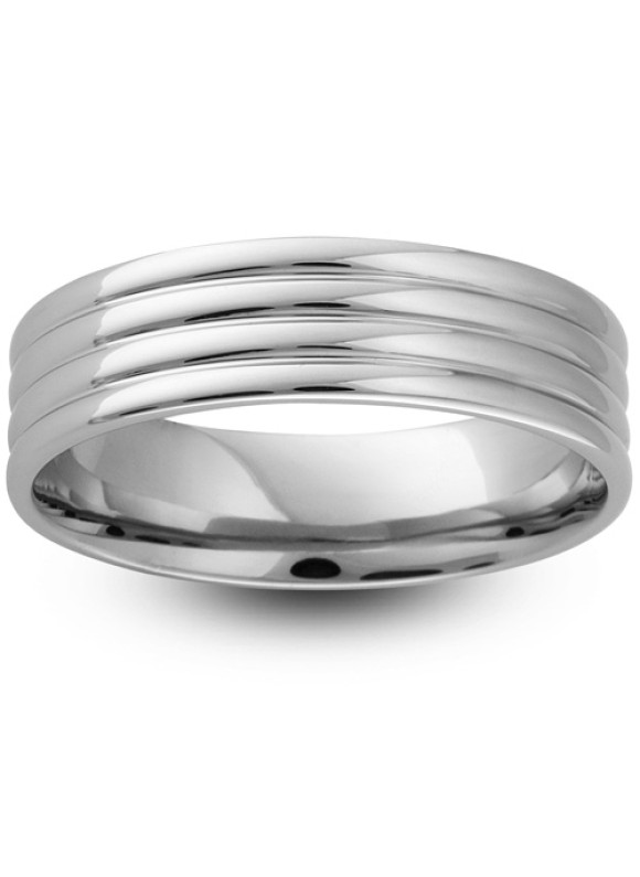 Mens Ribbed 9ct White Gold Wedding Ring -  6mm Flat Court - Price From £405